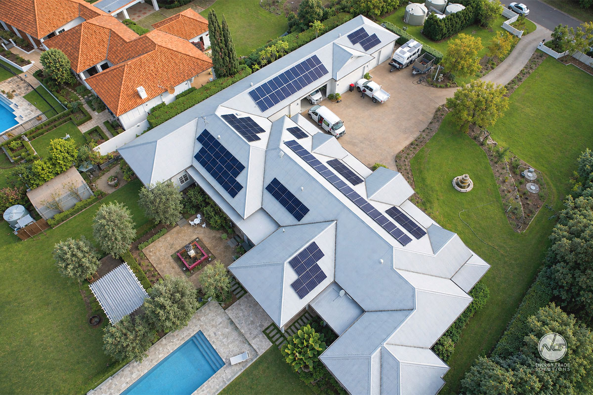 Aerial view of rooftop solar installation
