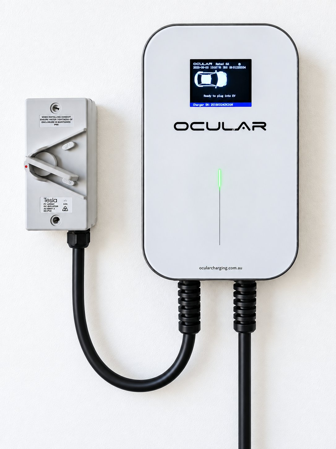 Wall-mounted Ocular electric vehicle charger.