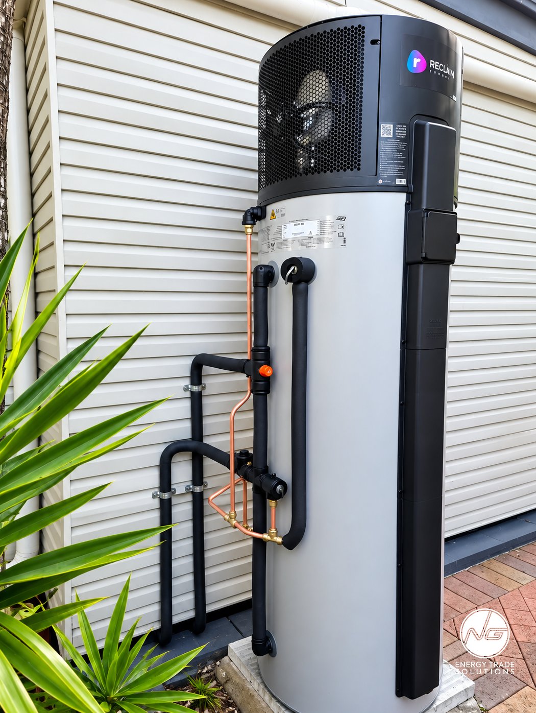 Reclaim heat pump hot water system with insulated pipework.