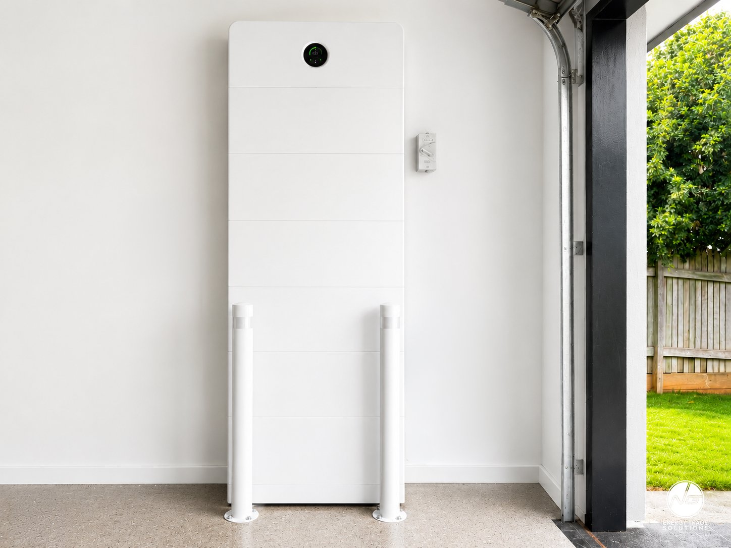 Single Sigenergy battery stack installed in a garage with protective bollards.