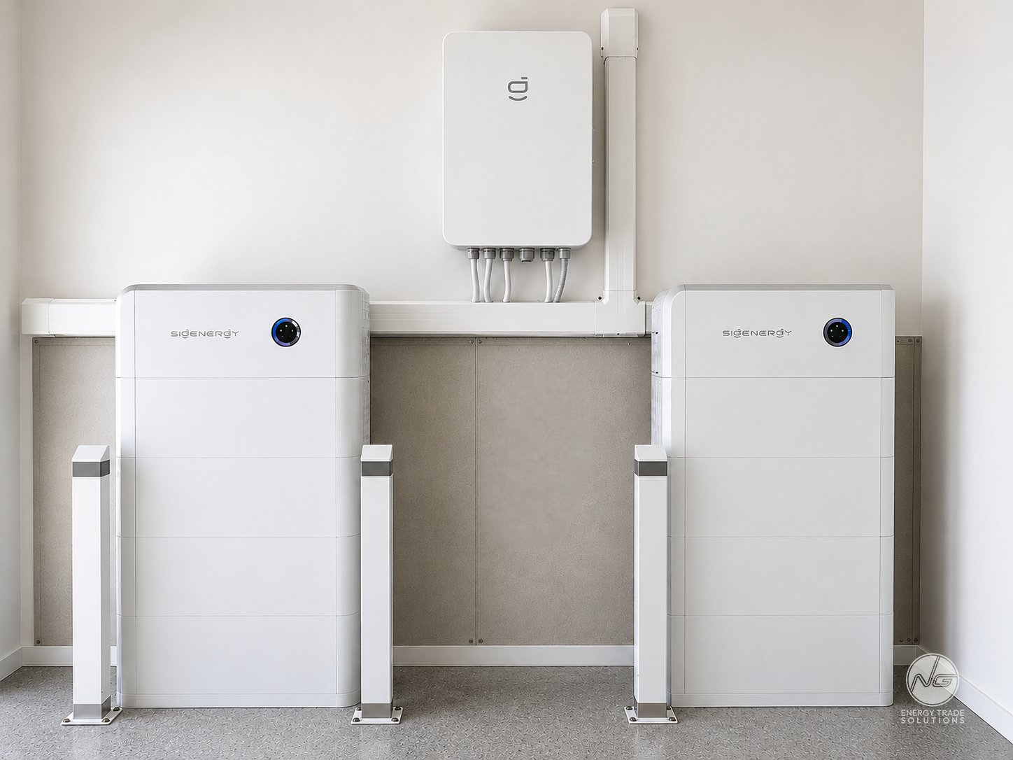 Two Sigenergy battery stacks with associated equipment and protective bollards.